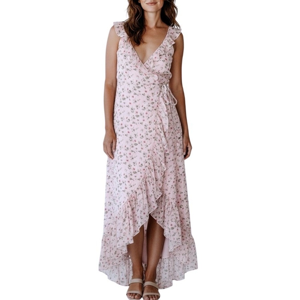 WAYF Rose Floral Wrap Dress Women S‎ Pink NEW High Low Ruffle Maxi